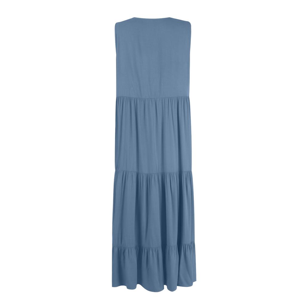Women's Fashion Sleeveless Pleated Loose V-Neck Mid-Length Colour Dresses