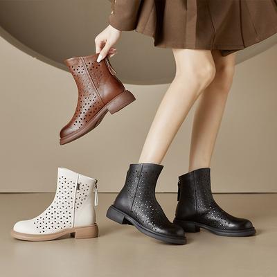 Spring Retro Leather Hollowed Out Martin Boots Women's Thick-soled Inner Heightening Boots Women's, Casual Rear Zipper Women's Shoes