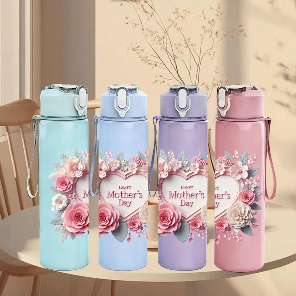 1PC Rose Flower Wreath Letter Print Pattern 750ml Color Plastic Sports Water Bottle Leakproof Flip Straw Lid Suitable for Sports Office Home Use