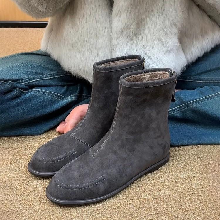 Korean Version of Niche Minimalist Suede Round Head Rear Zipper Flat Bottom Thin Boots Women's Autumn and Winter Versatile Martin Boots Short Boots