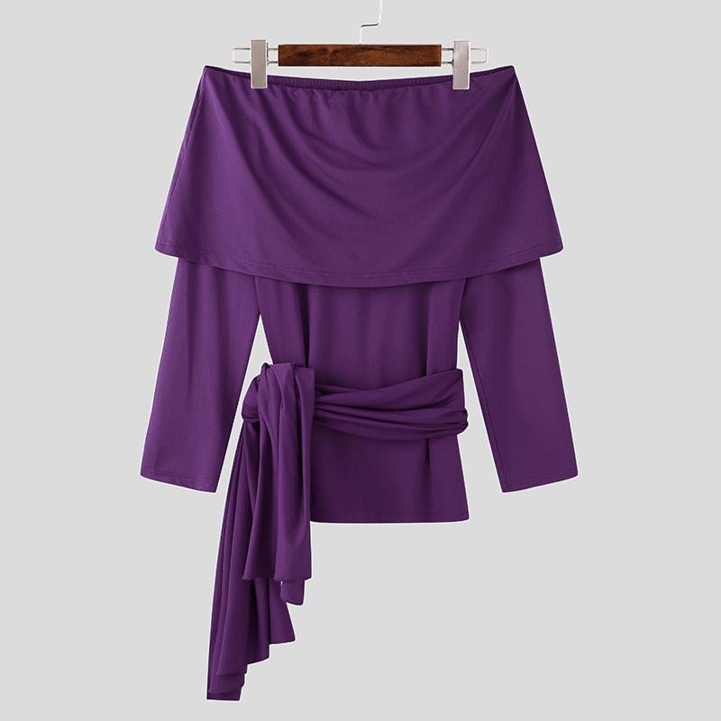 INCERUN Męskie topy z odkrytymi ramionami, falbaniaste, z długim rękawem, bandażowe, imprezowe, obcisłe koszulki