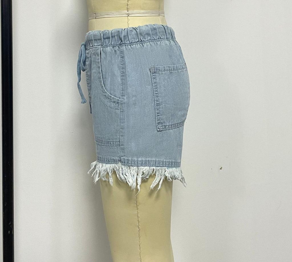 European & American High-Waist Elastic Tassel Denim Shorts for Women