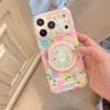 Kawaii Floral Puppy Ring Stand Phone Case For iPhone 15 16 17 Pro Max INS Cute Pink Glitter Clear Shockproof Protective Cover