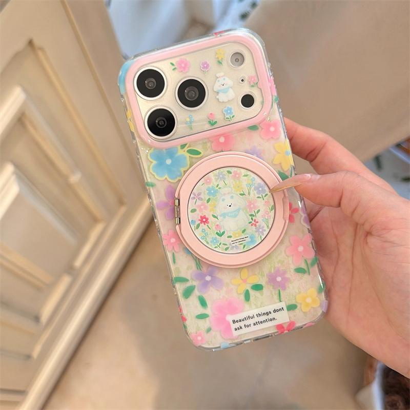 Kawaii Floral Puppy Ring Stand Phone Case For iPhone 15 16 17 Pro Max INS Cute Pink Glitter Clear Shockproof Protective Cover