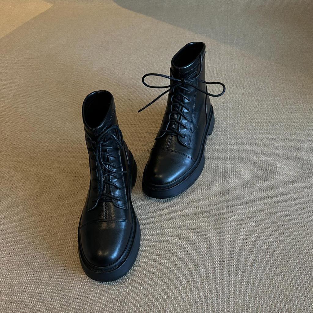 British Style Black Martin Boots Women's Round Head Thick Heel Thin Boots Thick-soled Strap Thin Short Boots