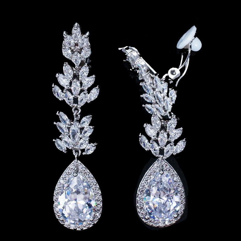 Ej0105 Super Flash Zircon Earrings, Long Water Drop Ear Clips For Women