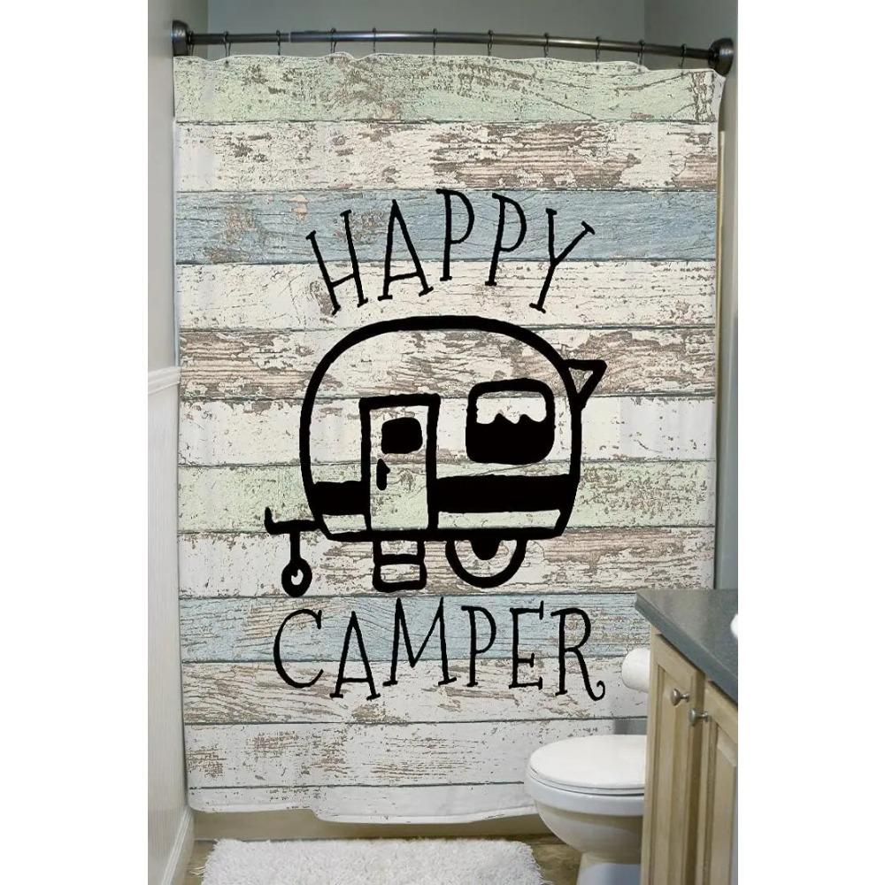 Happy Campers Printed Shower Curtain Retro Rustic Wood Style Small Size For Bathroom Decor