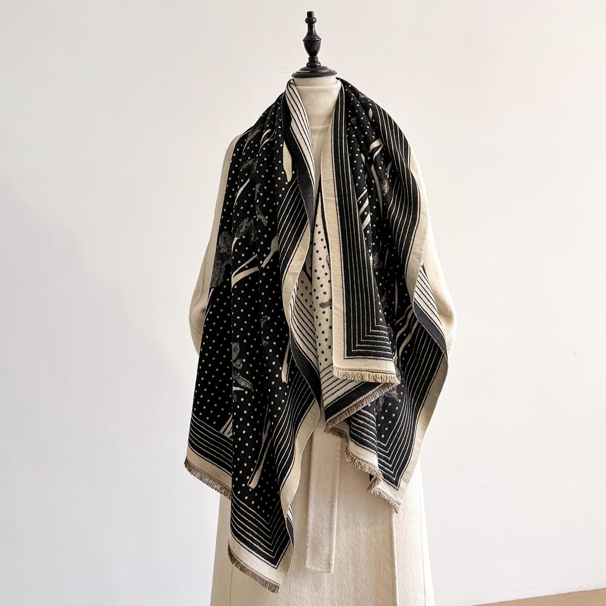Écharpe en Cachemire de Luxe pour Femme - Chaleur Hivernale, Franges, Rayures & Pois Imprimés, Châle Pashmina, Foulard & Poncho black