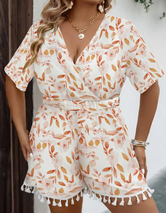 European-American Fashion Printed Women s V-Neck Dress 2025 3XL бежевый