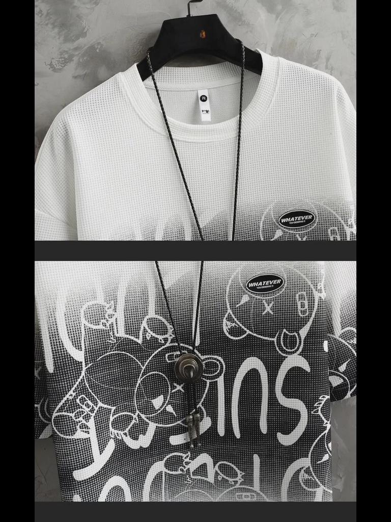 Pánská letní vaflová sada s krátkým rukávem a šortkami: M-5XL Volný ležérní dvoudílný sportovní outfit.