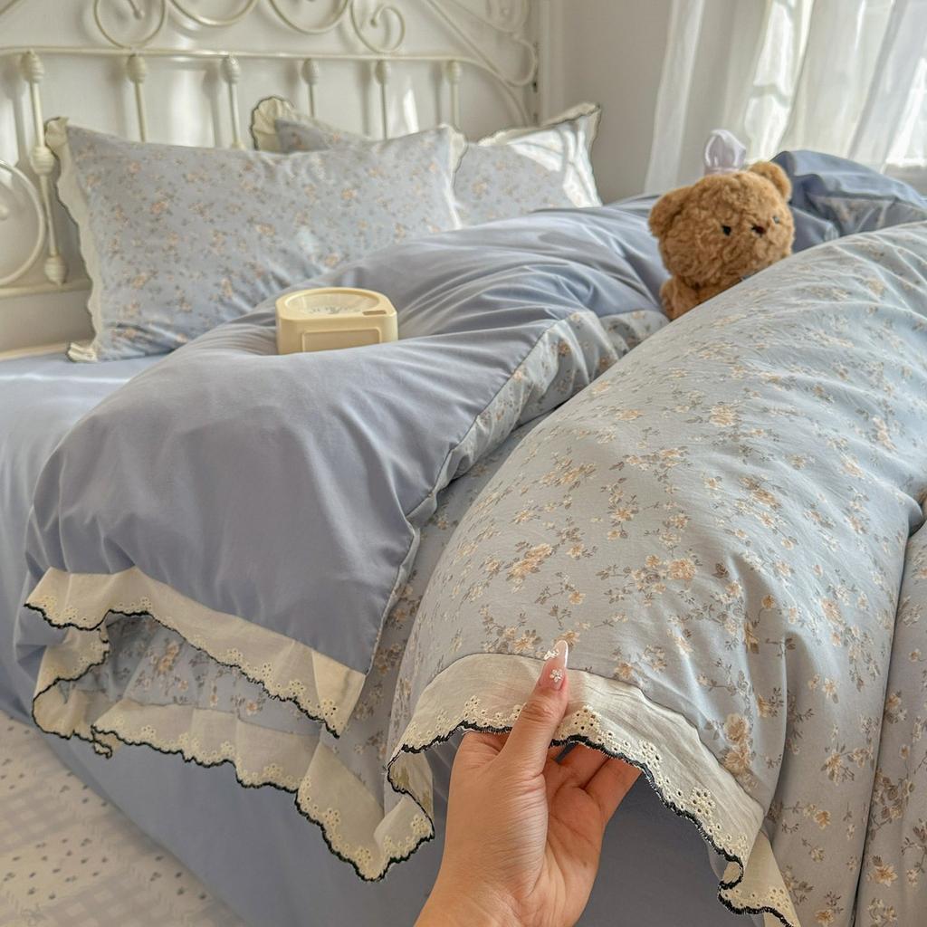French Style Retro Printed Duvet Cover Lace Edge Pillowcase and Duvet Cover Comfortable Breathable Nude Sleeping Solid Color Bed Sheet Bedding Sets