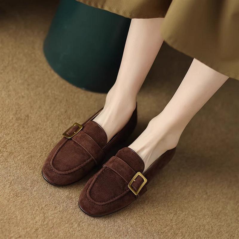 British Style Retro Round Head Flat-soled Loafers 2025 New Belt Buckle Soft Leather Deep Mouth One-pedal Single Shoes
