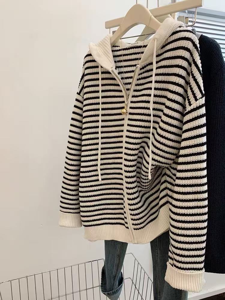 

Черно-белый полосатый кардиган с капюшоном на молнии, свитер с длинными рукавами, куртка, женский, маленький, свободный, тонкий вязаный топ L