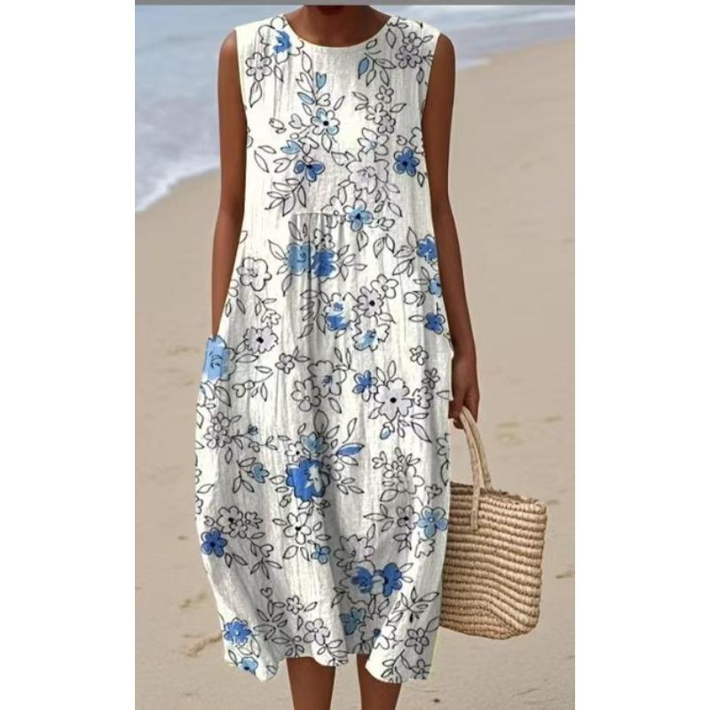 LYRIA 3D-Druck Rundhals Leichtes Kleid Ärmellos Sommer Strandkleid Lässig Mode A-Linien-Kleid Damen Elegante Blumenkleider