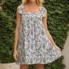 Women's Flower Tie Dress Cute Square Neck Loose Beach Short Dress Open Back Bohemian Summer Sundress