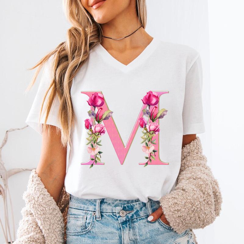 Floral Initials Unisexs Vneck Tshirt Az 26 Alphabet Fashion Casual Tops Pink Flower Short Sleeve Tee Letter S Floral Gift Top