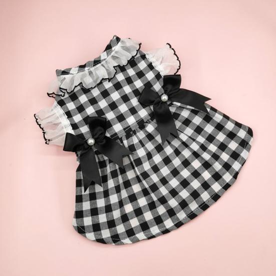 Yousheng Dog Dress Round Neck Lace Patchwork Fake Pearls Decor Plaid Print Pet Dog Cat Princess Dress Daily Wear