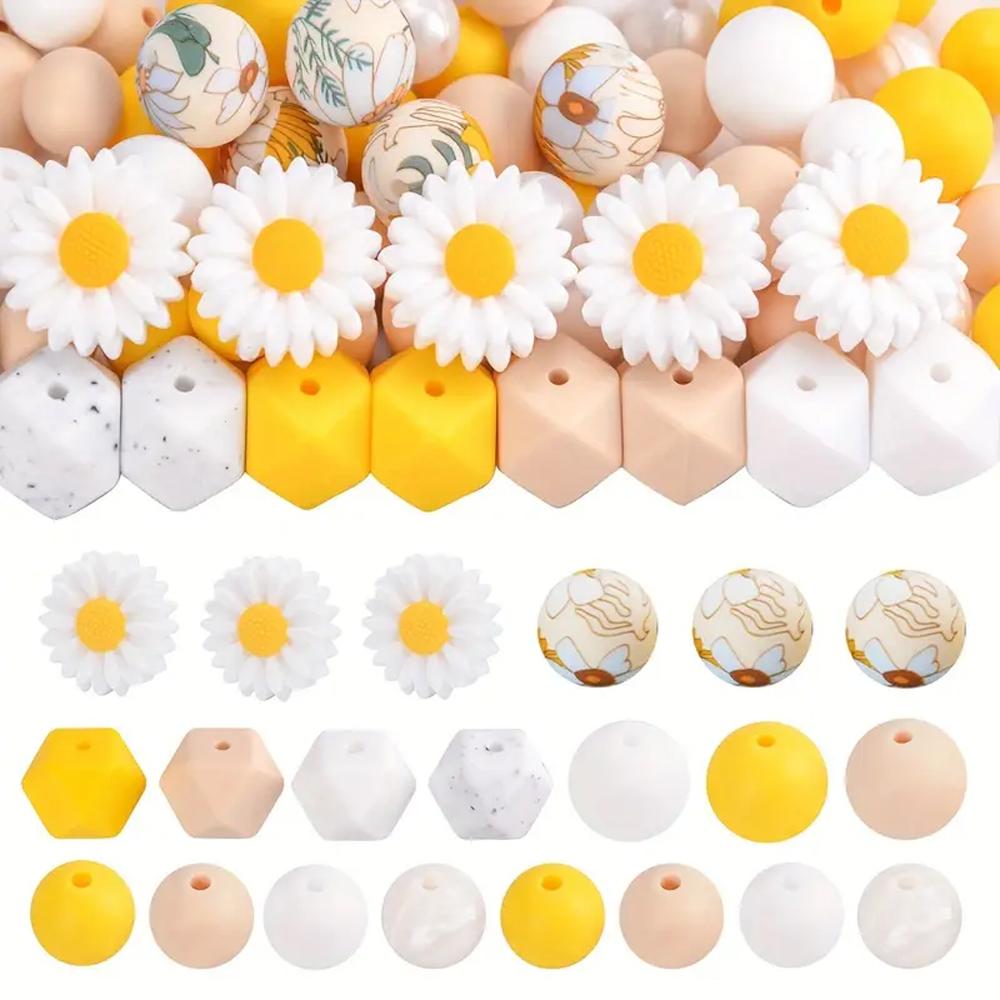 73/79PCS daisy silicone beads, 12/14/15mm round printed silicone beads in bulk, DIY keychain bracelet jewelry making