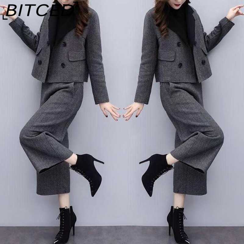 BITCED Women's Fall/Winter Two-Piece Set: Herringbone Tweed Blazer & Wide-Leg Pants Casual Fashion Set