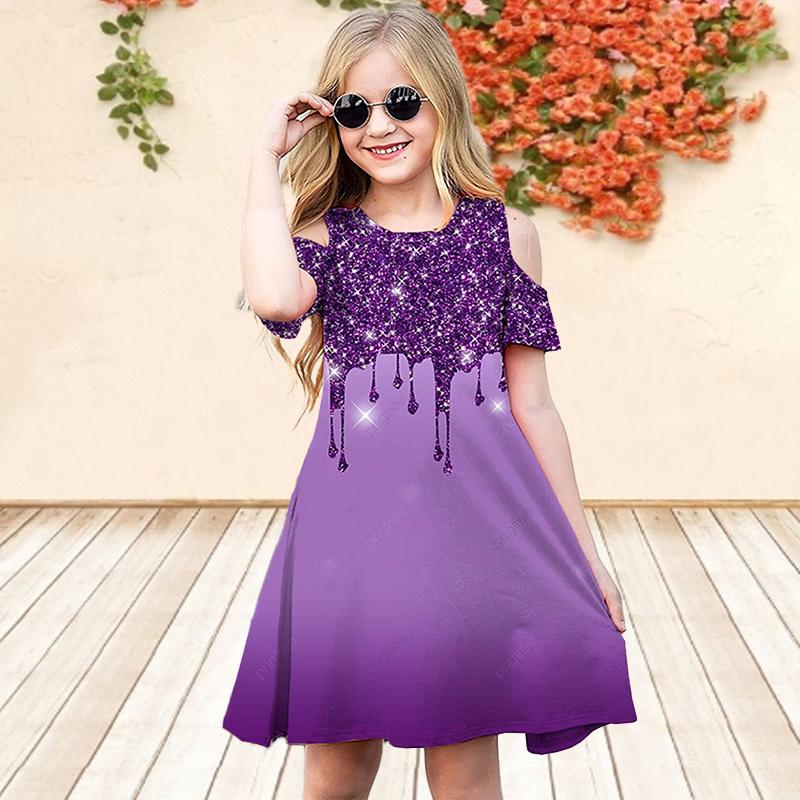 Girls Floral Gold Sequins Print Dresses Kids Girl Party Off Shoulder Dress Princess Dress Short Sleeved Dress Over Four Years Old