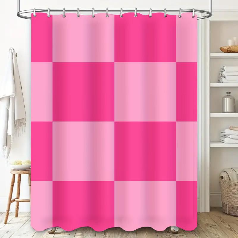 Modern Bathroom Decor: Beautiful Pink Checkered Shower Curtain Set for Bathtub Area Perfect Home Decoration Item (Set Includes 1