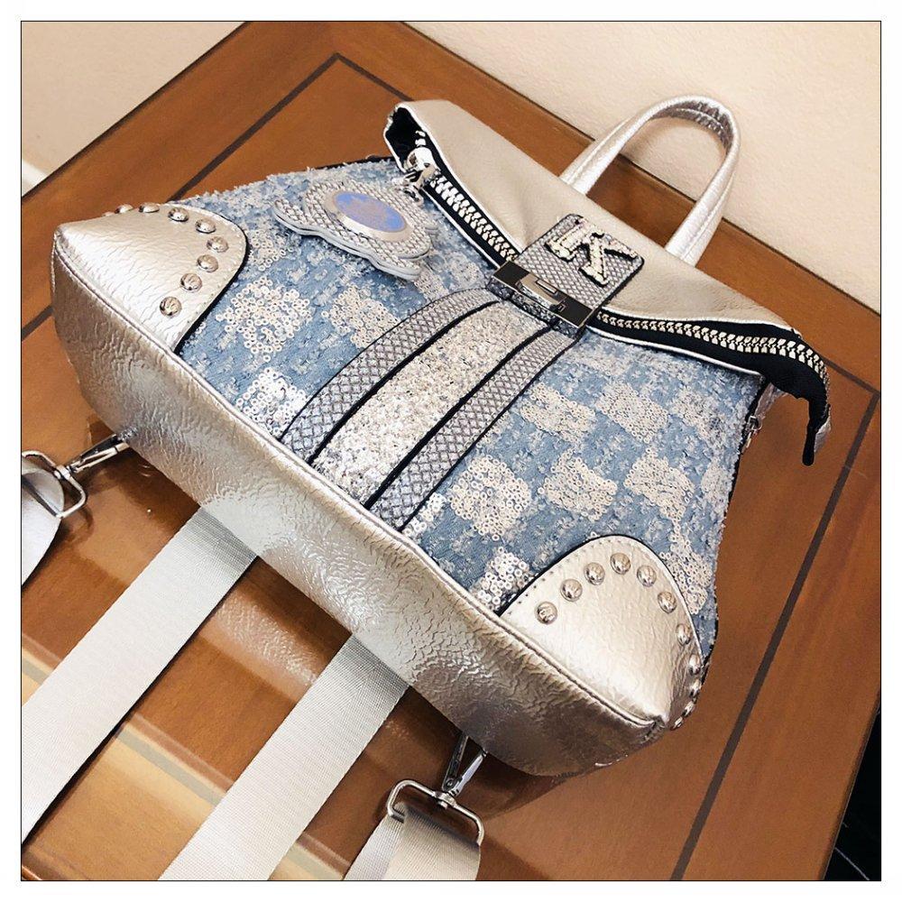 Karierter Denim-Rucksack mit Pailletten, Umhängetasche, Damentasche, vielseitiger, modischer und personalisierter Rucksack mit einer Schulter