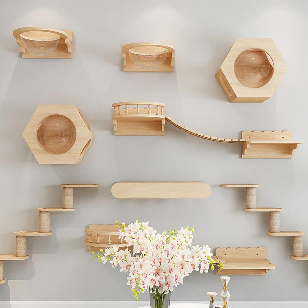 Wall-mounted Cat Climbing Frame Wooden Cat Scratching Post Hammock and litter box for kittens Perch Sleeping Cat Bridge