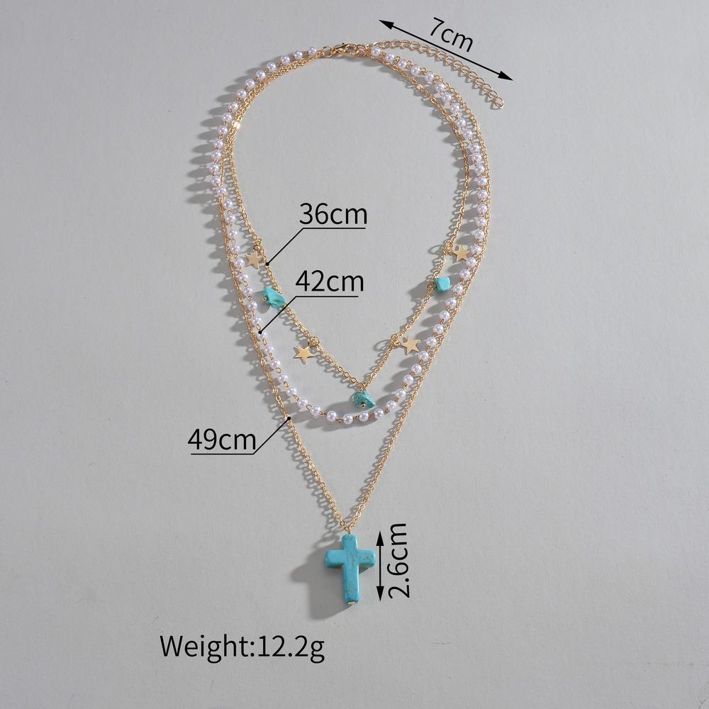 Personalized Turquoise Cross Star Gravel Pearl Multi-layer Metal Necklace