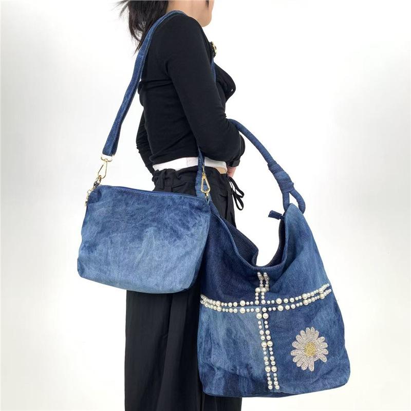 Borsa a Spalla in Denim Vintage Lavato da Donna Borsa Tote Grande Capacità Decorata con Perle