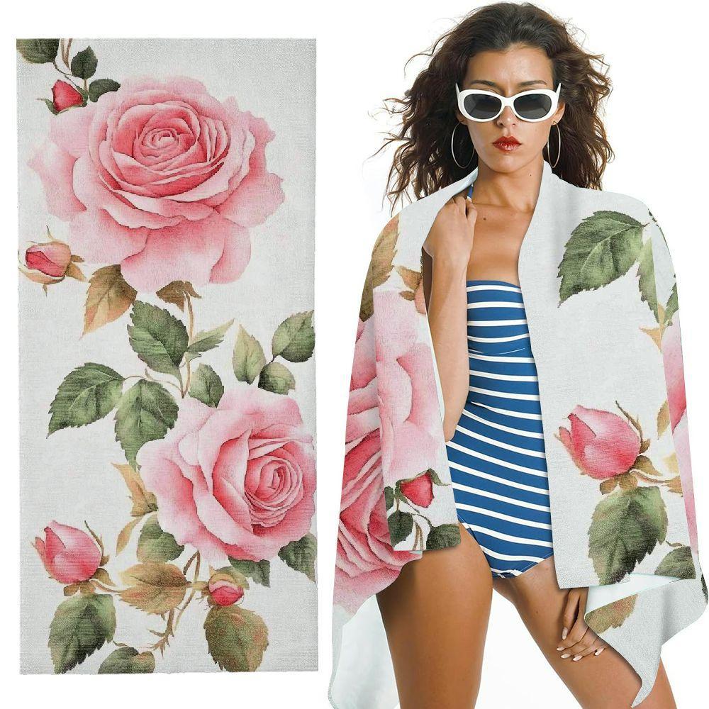

Floral Pink Roses Microfiber Beach Towel, Ultra-Fine Quick-Dry Super Absorbent for Pool Travel Camping W40*H60(CM)