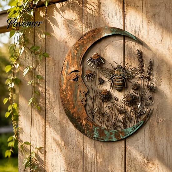 Durable Metal Craft for Garden Vintage Crescent Moon Wall Art, Fairy Witch Bee Dragonfly Iron Hanging Rustic Turquoise Home Accents Decor, Sculpture
