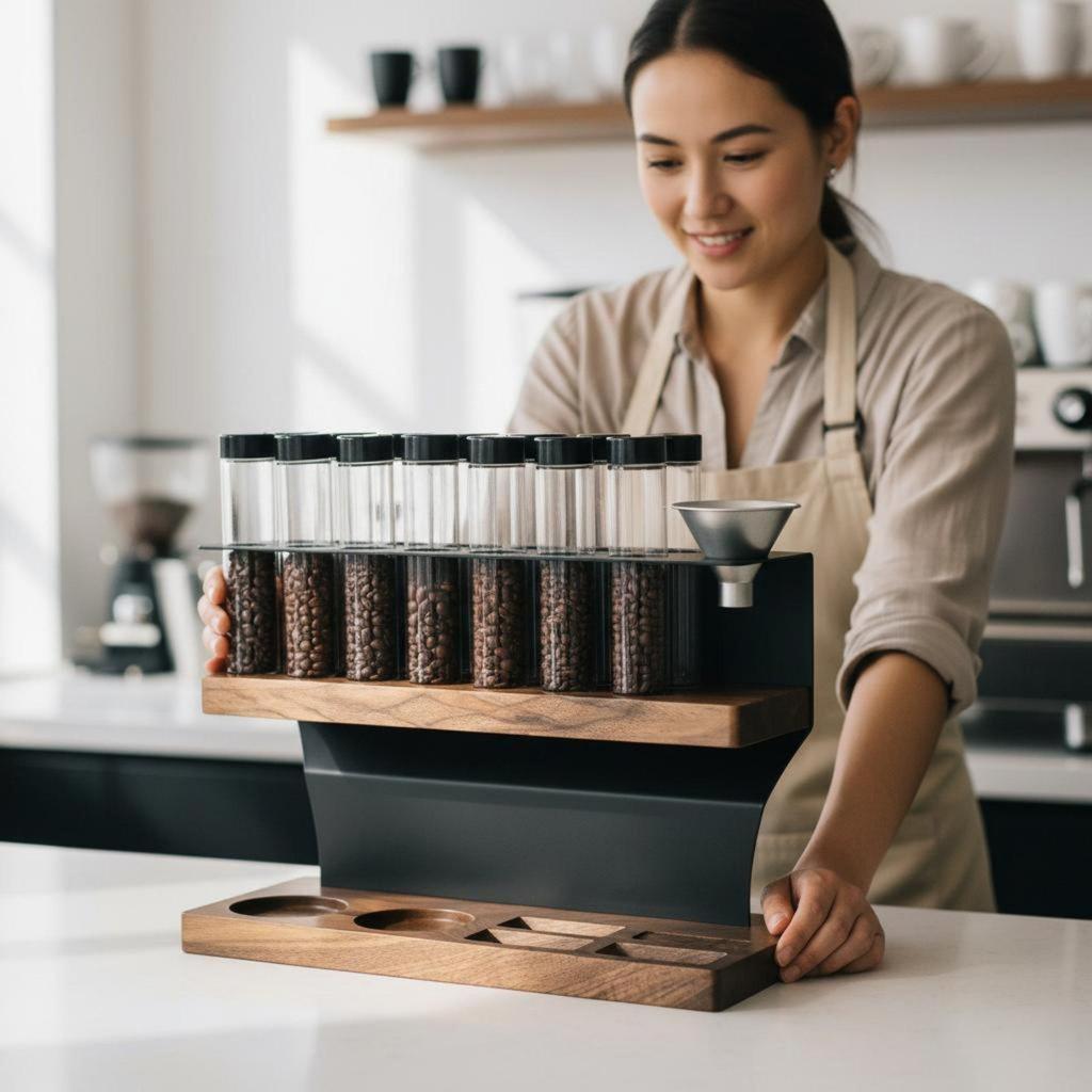 Holz Kaffeebohnen Ausstellungsständer Transparenter Glasflaschenhalter Versiegelt für Café