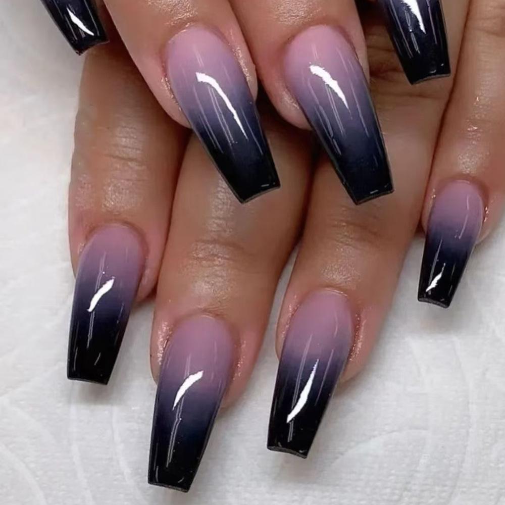 French Blue Gradient Long Fake Nails – European and American Style, Detachable, Wearable Nail Tips for Manicure