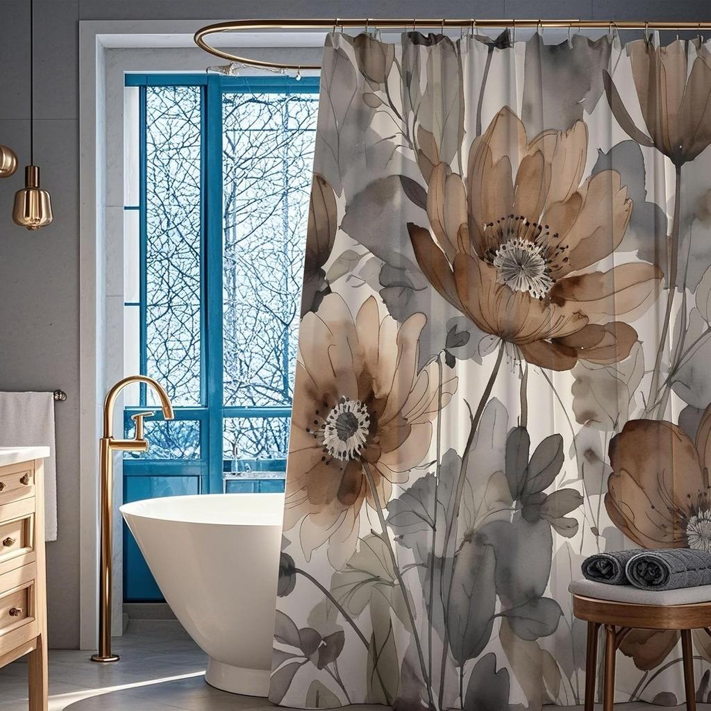 Cortina de Ducha Floral Boho Marrón Gris Bronceado Cortinas de Ducha de Flores Bohemias Acuarela Juego Para Baño Hojas Botánicas Retro Rus