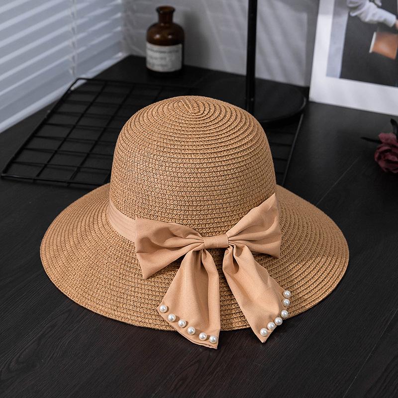 Women's Summer Straw Sun Hat with Wave Brim, Butterfly Bow & Faux Pearl Accents, Beach Hat, Outdoor Travel Vacation Hat
