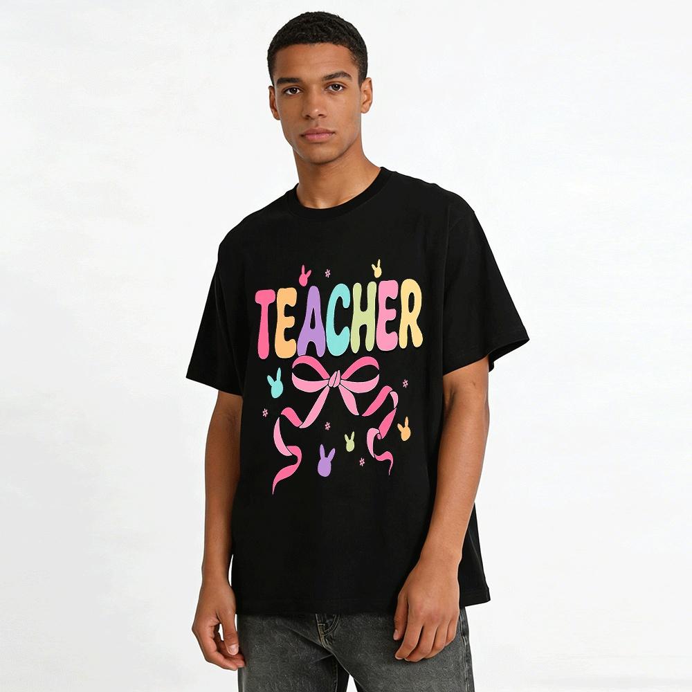 Easter Themed Bow TEACHER Print Casual Crewneck Top Pure cotton T-shirt