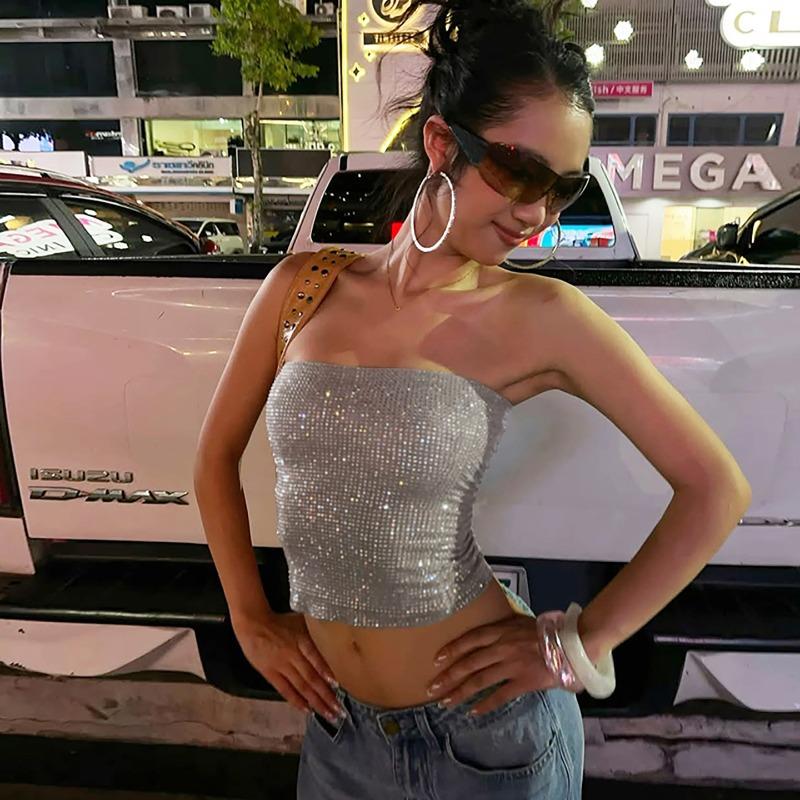 Nuevo Top de Tirantes Sexy Brillante sin Espalda Ajustado de Calle de Moda para Mujer