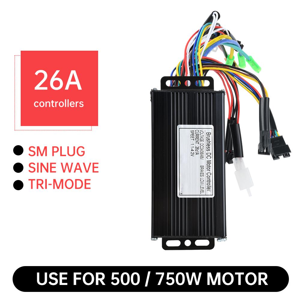 24V/36/48V E-bike Sinusový třírežimový bezkartáčový ovladač 500/750W 26A Ovladač motoru pro E-tříkolku E-koloběžku E-motocykl