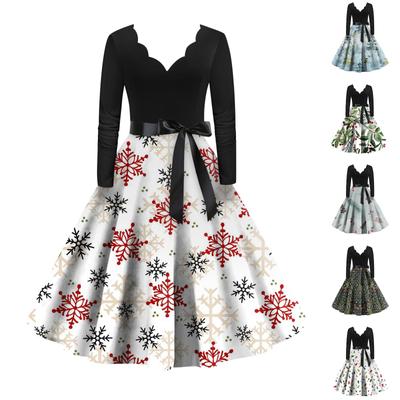 Women's Casual Fashion Christmas Printed Vintage Long Sleeve Dress