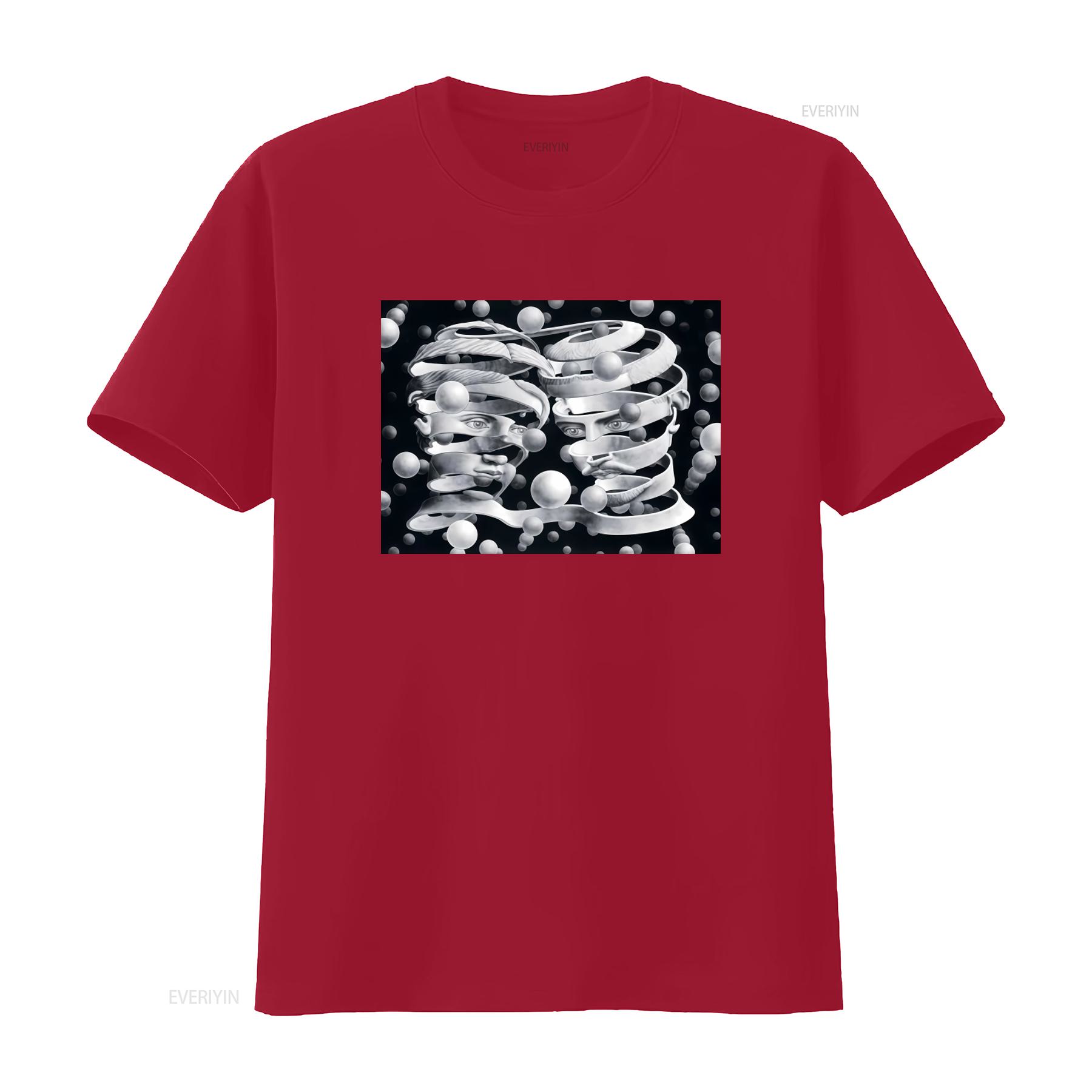 M C Escher Inspired Optical Illusion Print T Shirt for Men and Women Unique Design vintage Washed Casual homme Stylish S