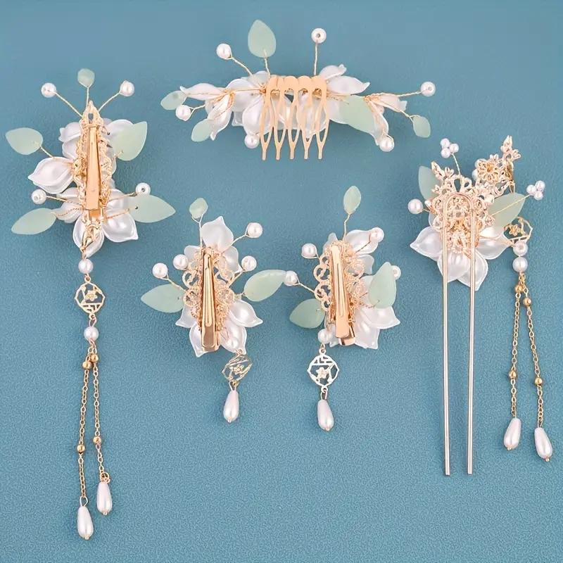 5-piece Set Featuring Vintage Floral and Tassel Designs, Handmade Hanfu Hair Accessories, Elegant Classical Artificial Flo