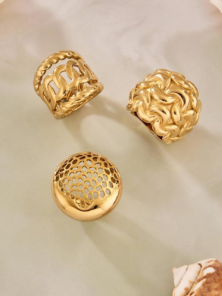 18K Gold Plated Stainless Steel Hollow Ring – Exaggerated Design, Fashionable, Versatile European & American Jewelry