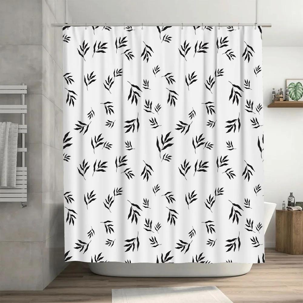 Decorative Black White Leaf Shower Curtain Set for Bathroom Decor Waterproof Fabric with Hooks (White)
