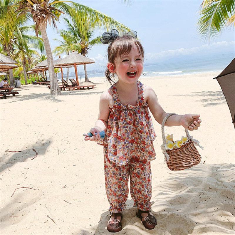 

MAITA, новый летний комплект для девочек, топ с цветочным ремнем и укороченные брюки 110 розовый