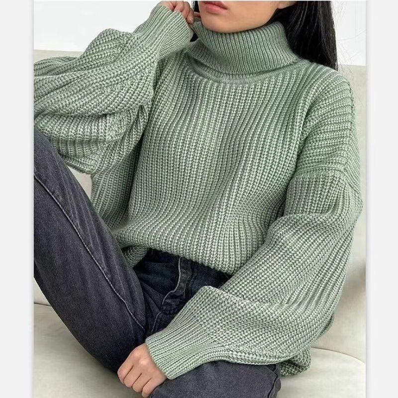 

Fashion Wind Knitting Pullover Pure Color Loose Casual Turtleneck Sweater Knitted Turtleneck Sweater Grass Green L