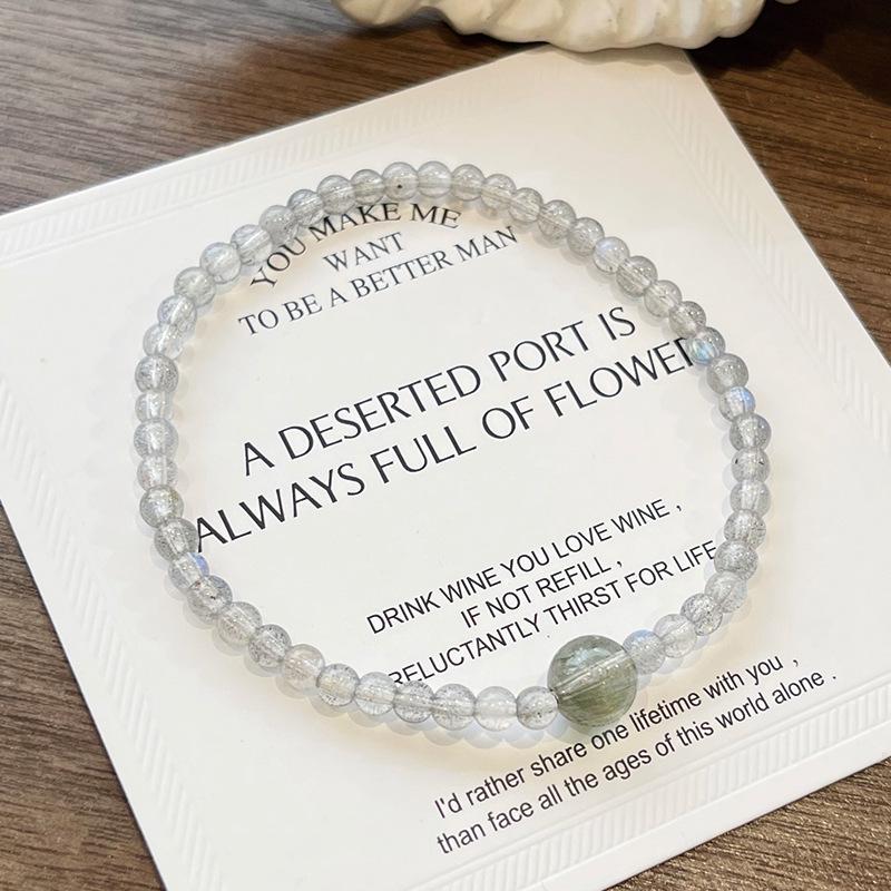 Qiaoen Women's Crystal Bracelet: Gray Moonstone, Strawberry Quartz & Green Rutilated Quartz, Extremely Fine 3mm Beads, Unique Niche Design
