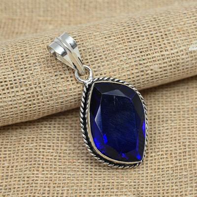Solid 925 Sterling Silver Blue Sapphire Lab-Created Handmade Jewelry Gemstone Pendant