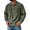 Men's Solid Color Washed Sports Button Pocket Lapel Collar Long Sleeve Top