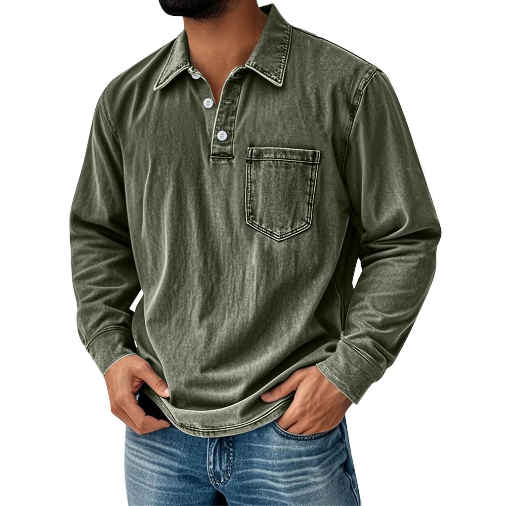 Men's Solid Color Washed Sports Button Pocket Lapel Collar Long Sleeve Top