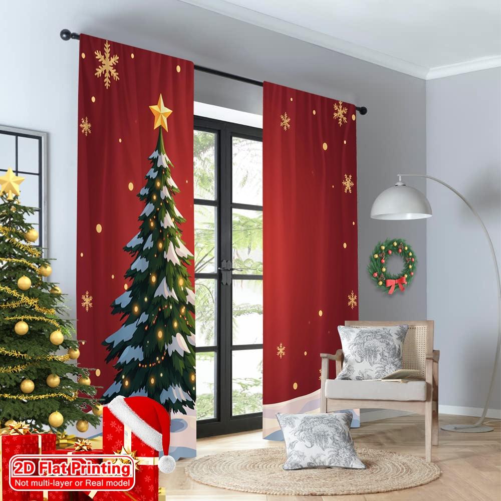2pcs 2D Flat Printing Merry Christmas Window Curtains Golden Christmas Tree Snowflakes Polyester Fabric Without Electricity